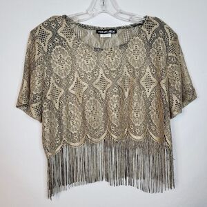 VTG Sharade Top Sheer Gold Lace & Fringe Womens 12 Indie Boho Glam Stevie Nicks